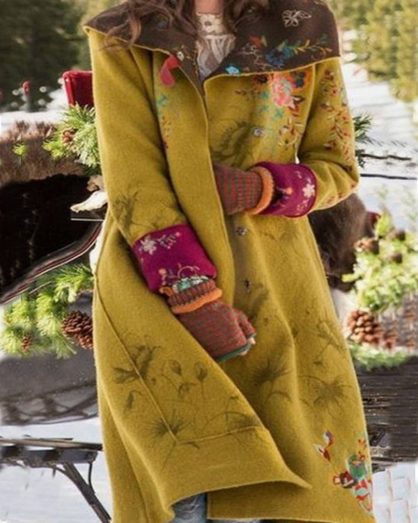 Yellow Long Sleeve Floral-Print Hoodie Cotton-Blend Coat
