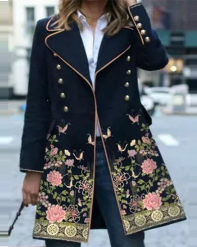 Vintage Elegant Mid Length Floral Button Lapel Coat