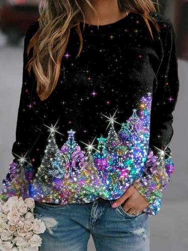 Women's Christmas Tree Glitter Print Casual Sweatshirt