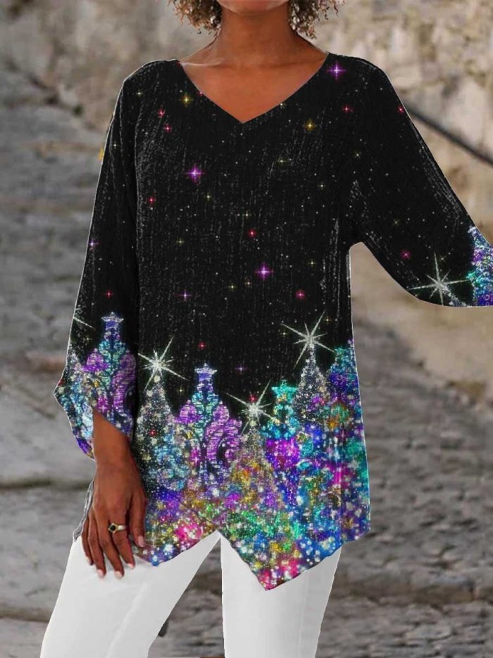 Women's Sequined Christmas Tree Print Casual Top