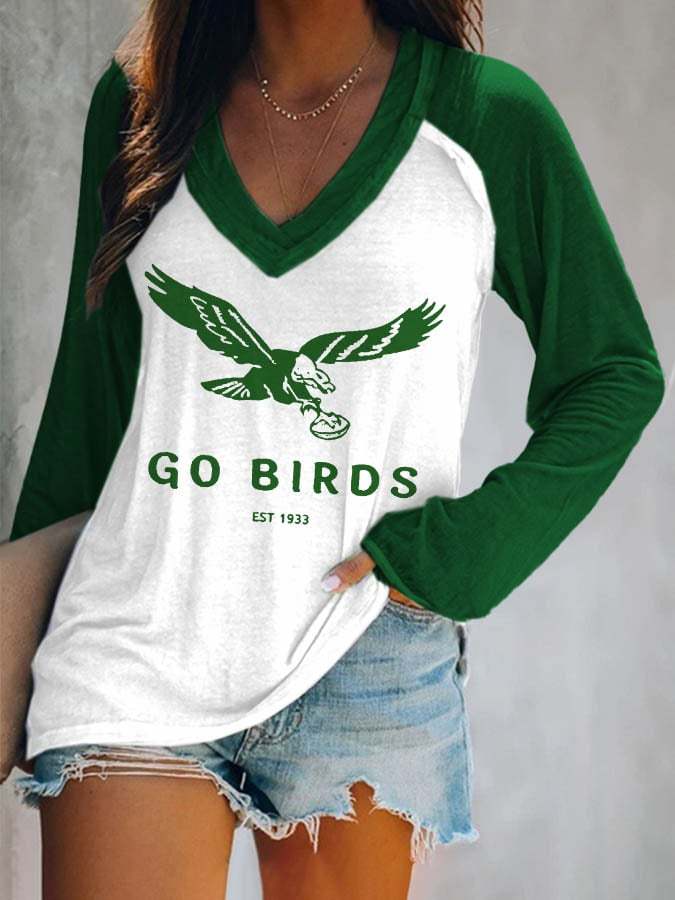 Women’s Go Birds Football Print V-Neck Casual T-Shirt