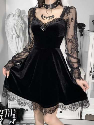 Sexy Lace Panel Flared Long Sleeve Dress