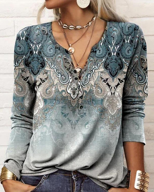 Vintage Loose Long Sleeve V Neck Button Top