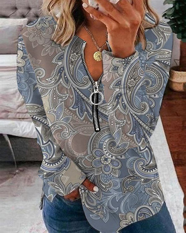 Vintage Print Casual Loose Zip Top