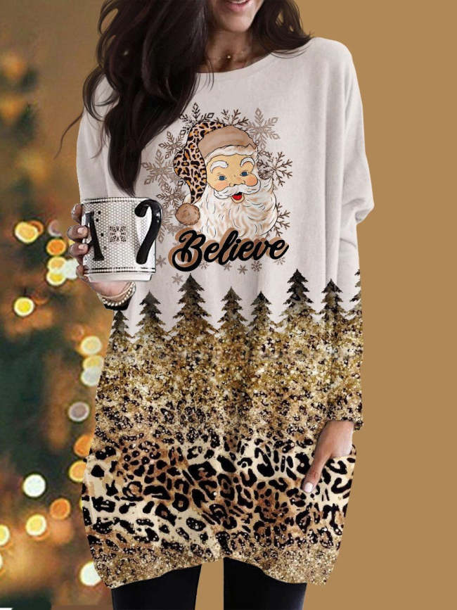 Women's Santa Believe Leopard Shiny Casual Top