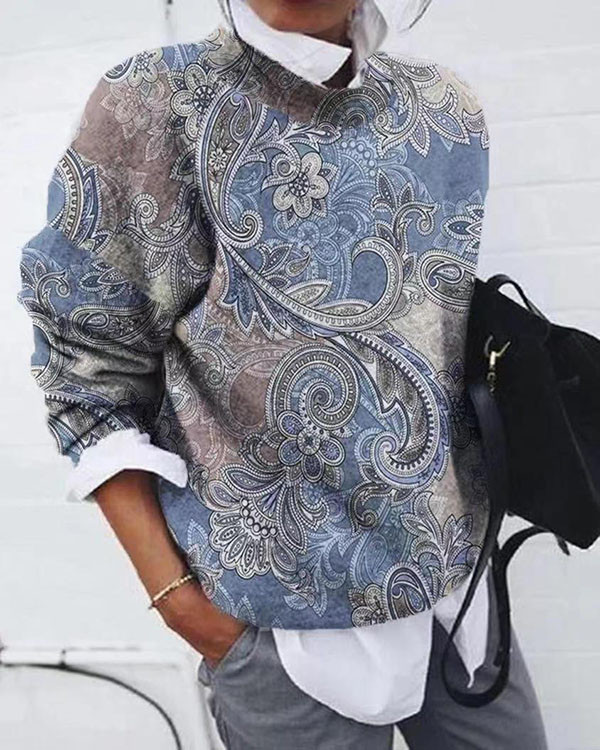 Vintage Paisley Crew Neck Loose Casual Sweatshirt