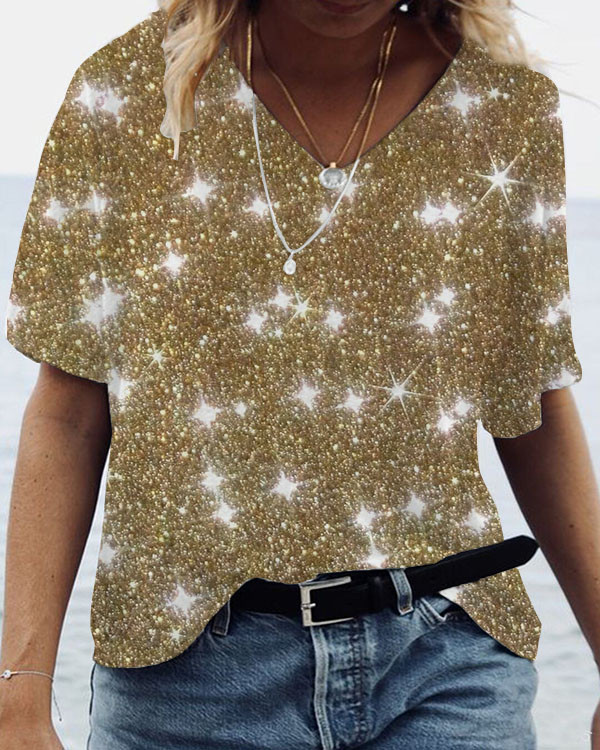 Gold Glitter Bling Loose V-neck Short-sleeved Top
