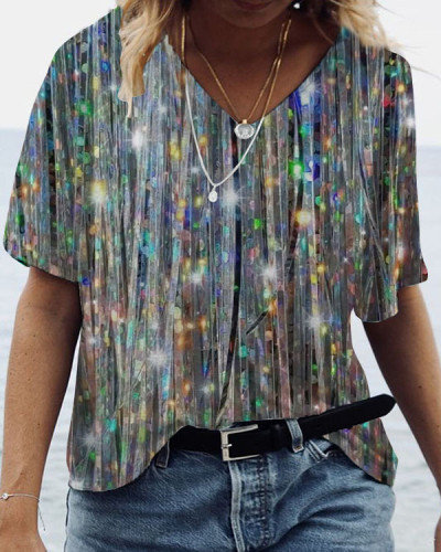 Glitter Bling V-neck Short-sleeved Top