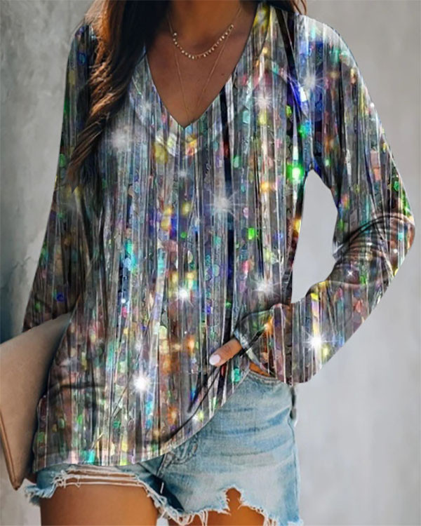 Glitter Bling Loose V-neck Long-sleeve Top