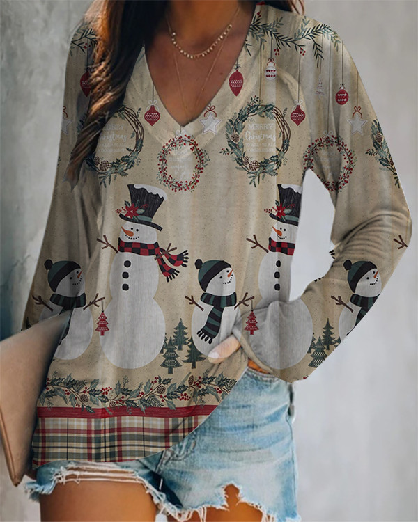 Women's Vintage Christmas Snowman Print Top