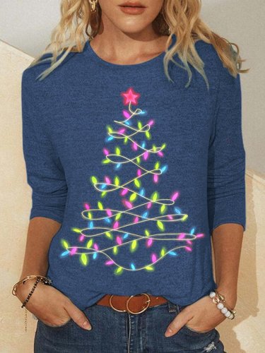 Womens Christmas Tree Light Crew Neck Casual Long Sleeve Top