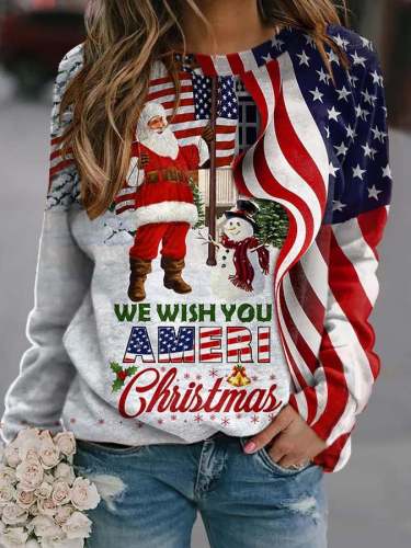 We Wish You Ameri Christmas Santa and Snowman Print Sweatshirt