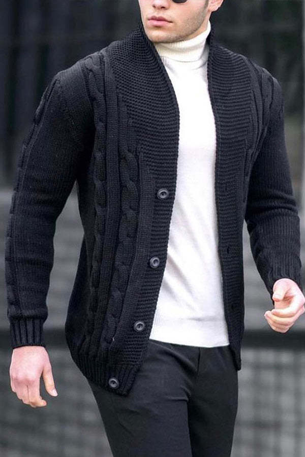 Men's Cardigan Solid Color Long Sleeve Twist Ribbed Knit Jacket