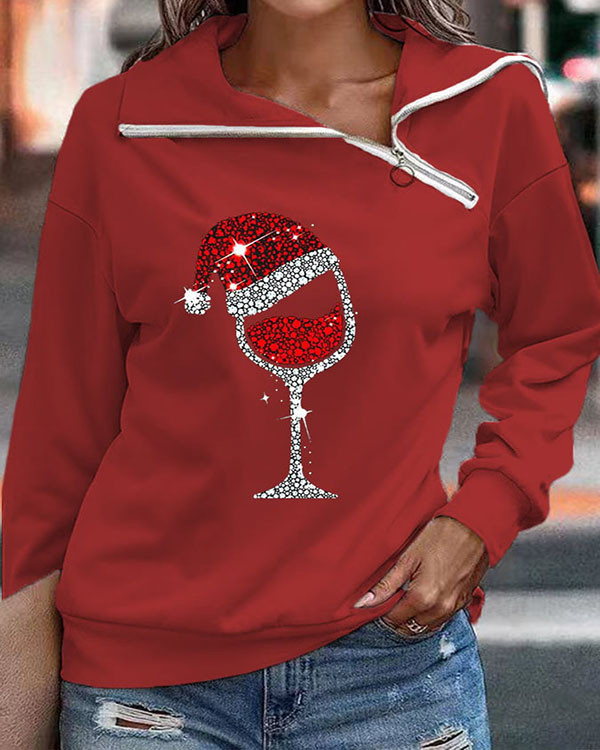 Merry Christmas Shiny Wine Glass Zipper Sweatshirt