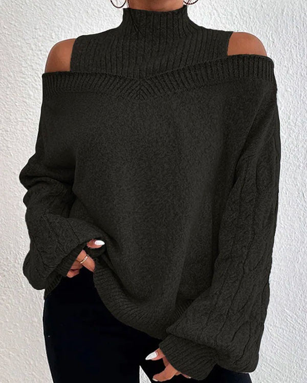 Solid Color Turtleneck Cutout Off Shoulder Long Sleeve Loose Casual Sweater