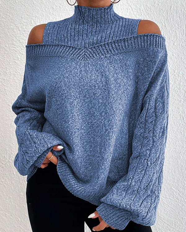 Solid Color Turtleneck Cutout Off Shoulder Long Sleeve Loose Casual Sweater