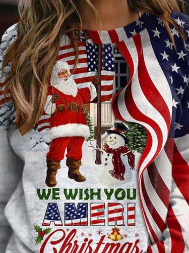 We Wish You Ameri Christmas Santa and Snowman Print Sweatshirt