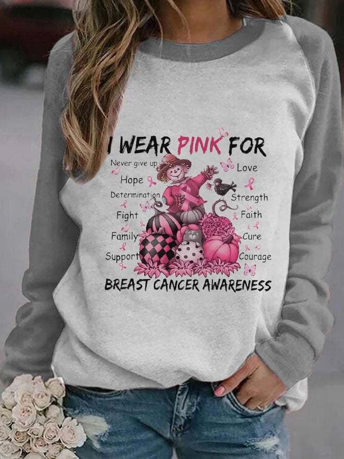 I Wear Pink For Breast Cancer Awareness Faith Scarecrow Pumpkin Print Sweatshirt