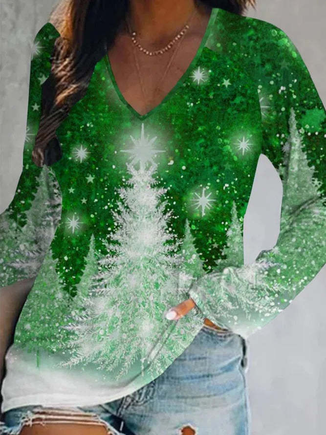 Casual Christmas Trees Long Sleeve V Neck Printed Top T-shirt TUNIC