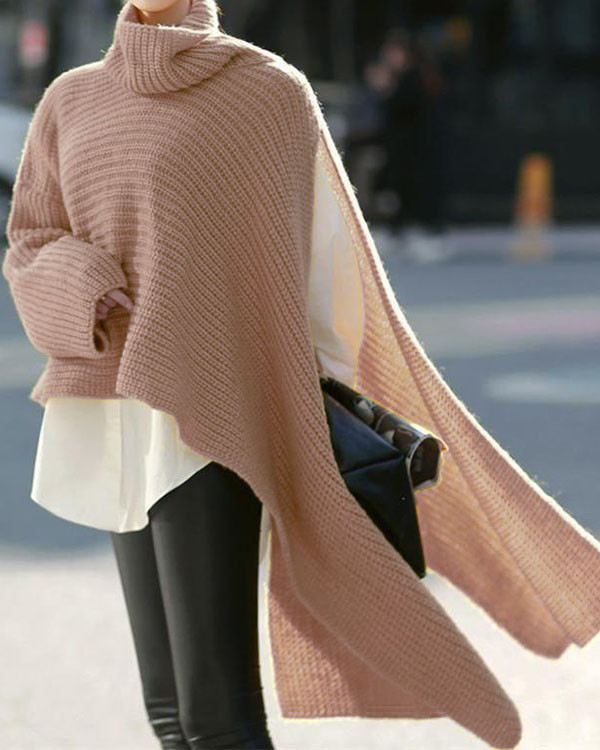 Turtleneck Slit Knitted Pullover Loose-fitting Sweater