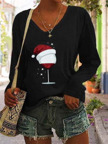 Women's Christmas Wine Glass V-Neck Long Sleeve T-Shirt