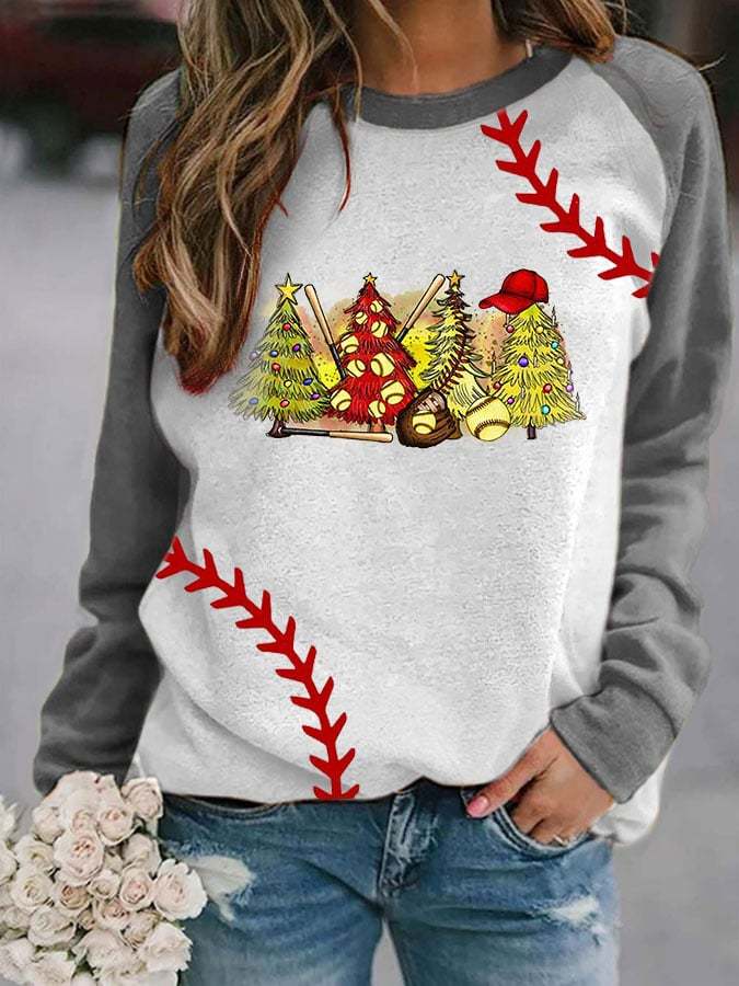 Women's Christmas Trees Softball Merry Christmas Print Sweatshirt