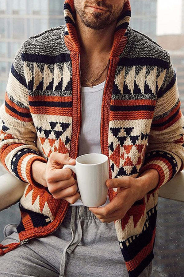 Men's Casual Jacquard Cardigan Coat Long Sleeve Lapel Loose Sweater