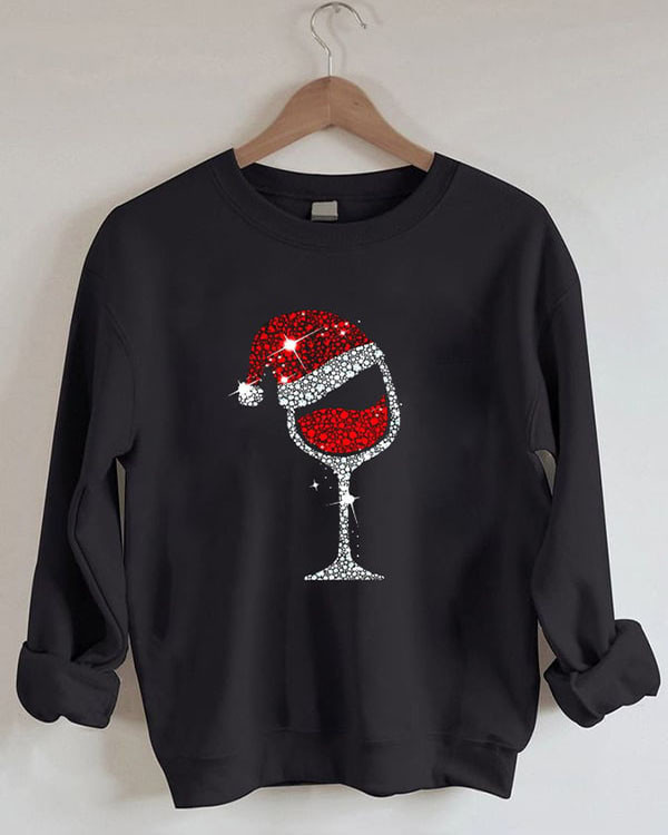 Merry Christmas Shiny Wine Glass Casual Sweatshirt