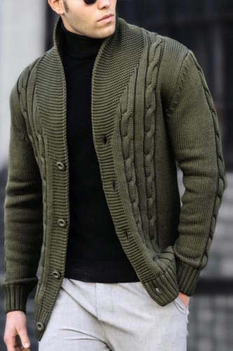 Men's Cardigan Solid Color Long Sleeve Twist Ribbed Knit Jacket