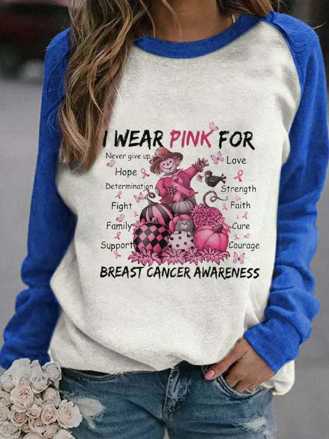 I Wear Pink For Breast Cancer Awareness Faith Scarecrow Pumpkin Print Sweatshirt