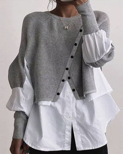 Grey Knit Panel White Shirt Sweater Two Piece