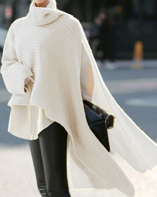 Turtleneck Slit Knitted Pullover Loose-fitting Sweater