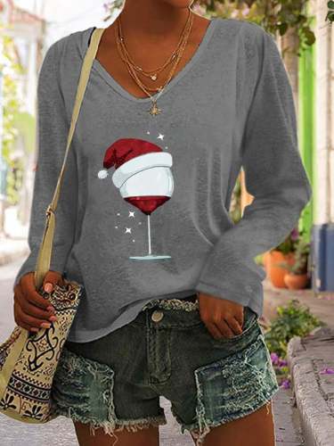 Women's Christmas Wine Glass V-Neck Long Sleeve T-Shirt