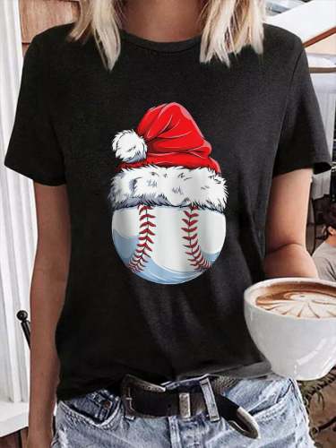Women's Christmas Baseball Ball Santa Hat Casual Print T-Shirt