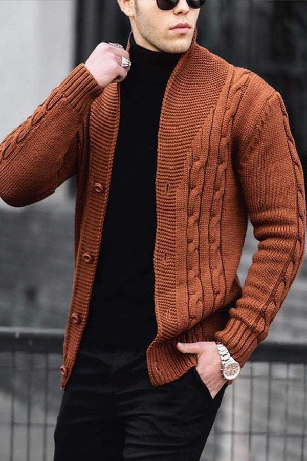 Men's Cardigan Solid Color Long Sleeve Twist Ribbed Knit Jacket