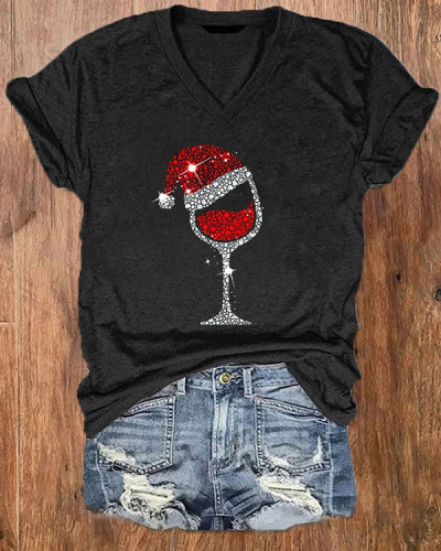 Merry Christmas Wine Glass V-Neck Top