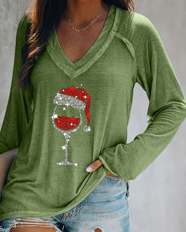Christmas Wine Glass Print V-neck Long-sleeve Top