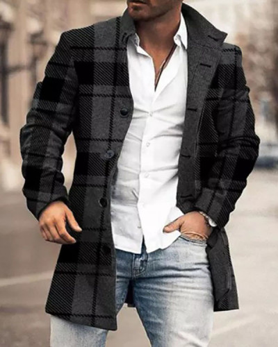 Men's Checked Abstract Pattern Long Sleeve Midi Cardigan Trench Coat