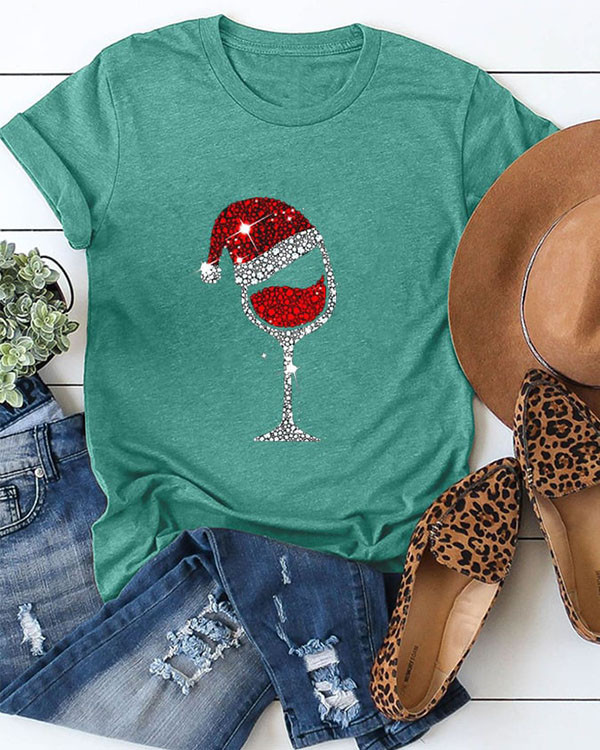 Christmas Wine Glass Casual Cotton Top