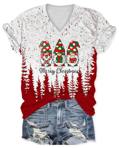 Merry Christmas Print V-Neck Casua Top