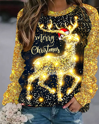 Women's Glitter Christmas Elk Print Sweatshirt