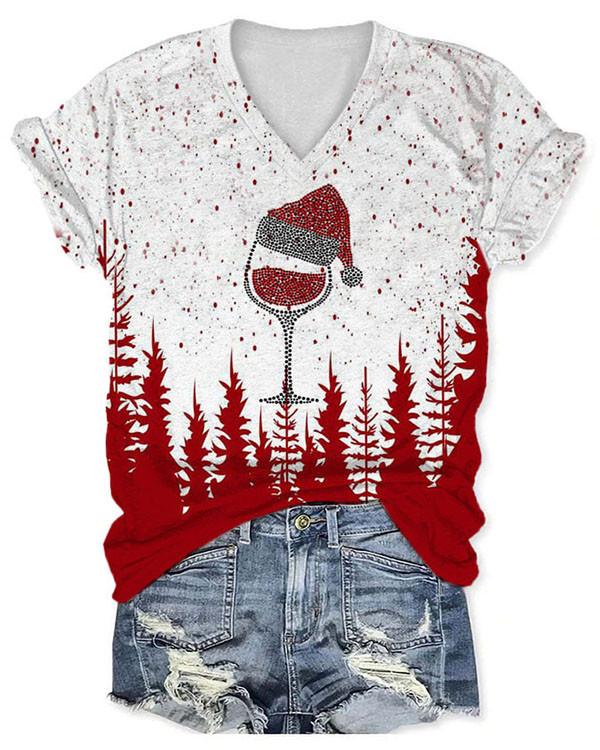 Christmas Wine Glass Print V-Neck Casual Top