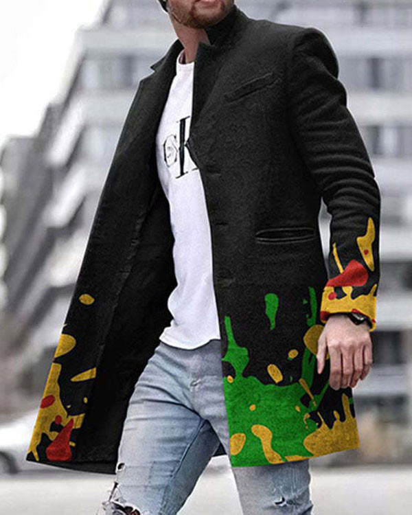 Men's Checked Abstract Pattern Long Sleeve Midi Cardigan Trench Coat