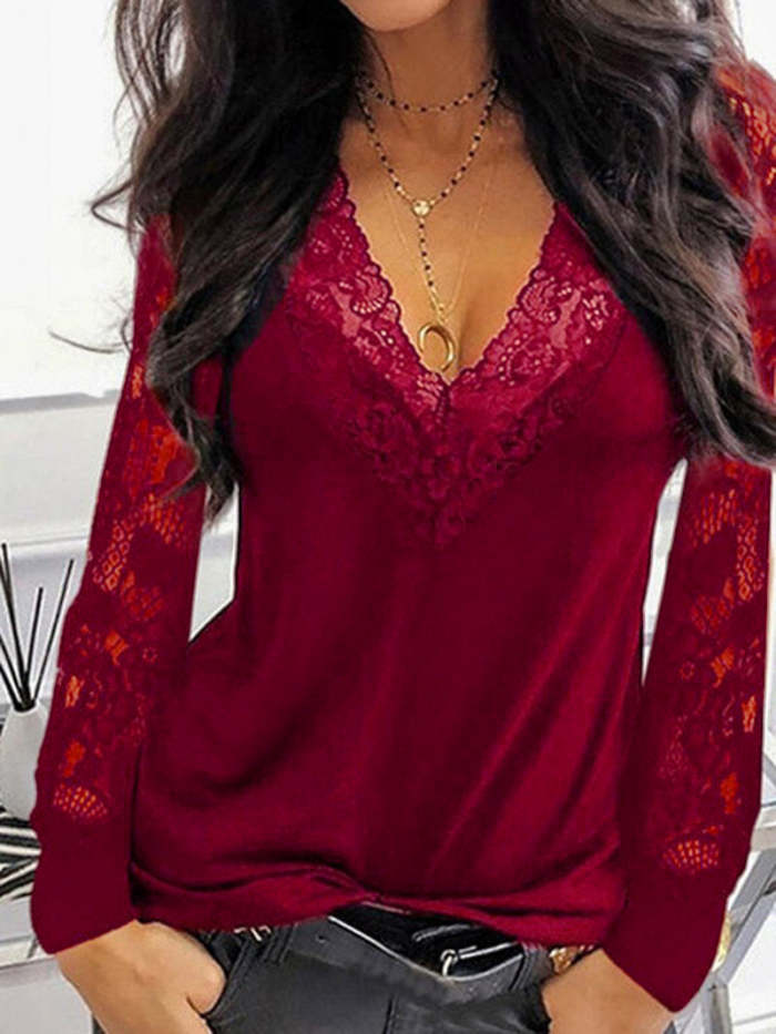 Lace Splicing V-neck See-through Long-sleeved T-shirt