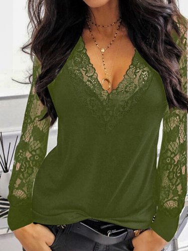 Lace Splicing V-neck See-through Long-sleeved T-shirt