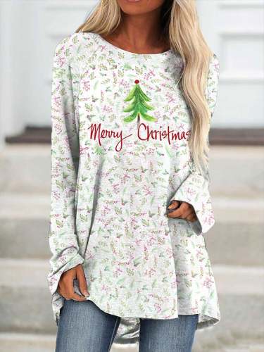 Women's Merry Christmas Tree Print Long T-Shirt