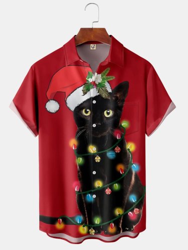 Mens Retro Christmas Black Cat Print Front Buttons Soft Breathable Chest Pocket Casual Hawaiian Shirts