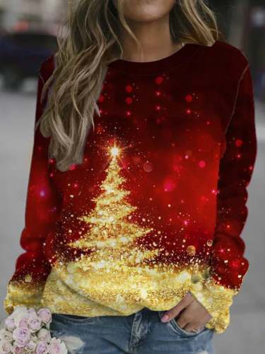 Women's Christmas Tree Gradient Printed Round Neck Long Sleeve Sweatshirts