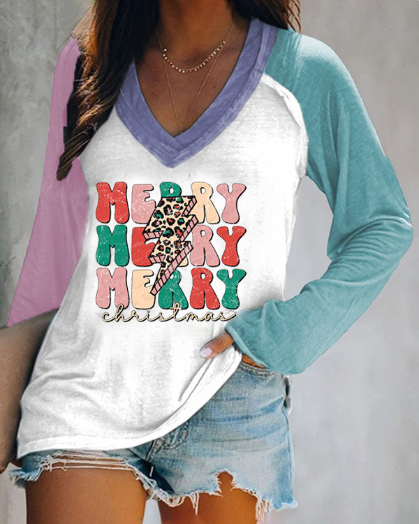 Merry Christmas, Leopard Bolt V-Neck Colorblock Print Top