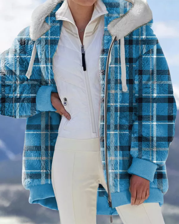 Warm Plush Check Zip Pocket Hooded Oversized Coat